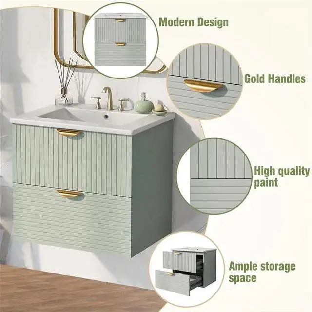 Alt view image 6 of 6 - Modern 24-Inch Wall-Mounted Bathroom Vanity with 2 Drawers, Green Compact Vanity for Small Bathrooms, Space-Saving Design with Sleek Finish
