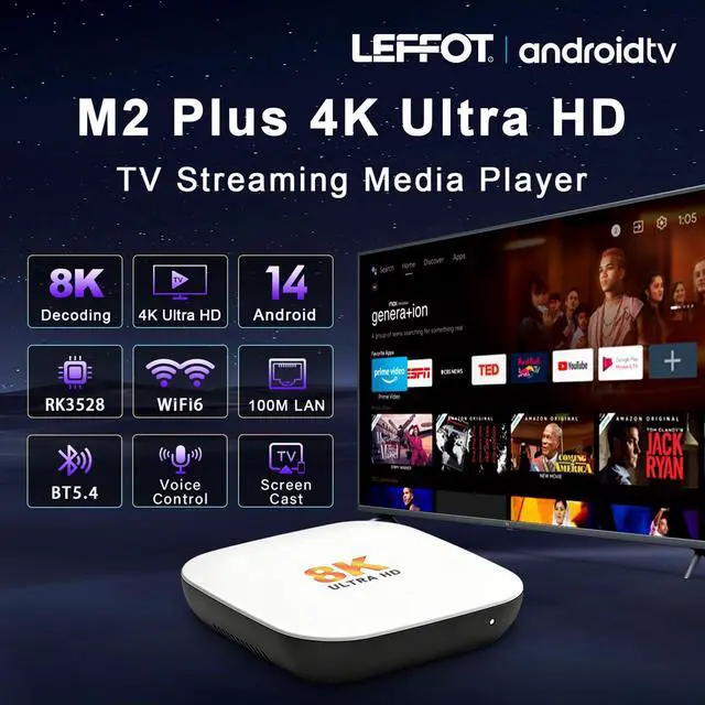 Alt view image 2 of 7 - Android 14.0 TV Box 2026, M2 Plus 4K Ultra HD Streaming Device for TV, 4GB RAM + 32GB ROM, Support 8K Decoding, Voice Remote, 2.4G & 5G WiFi 6, BT 5.4, HDR10, 3D, RK3528 Quad-Core A53