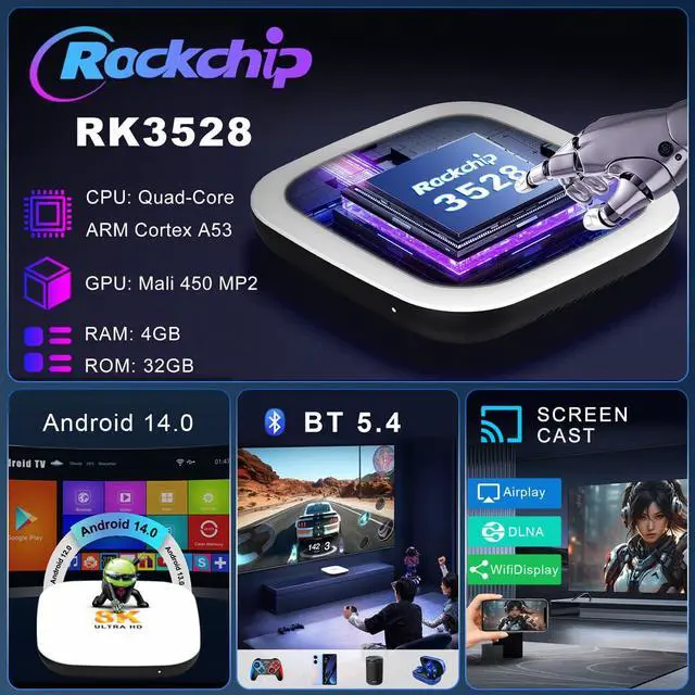 Alt view image 5 of 7 - Android 14.0 TV Box 2026, M2 Plus 4K Ultra HD Streaming Device for TV, 4GB RAM + 32GB ROM, Support 8K Decoding, Voice Remote, 2.4G & 5G WiFi 6, BT 5.4, HDR10, 3D, RK3528 Quad-Core A53