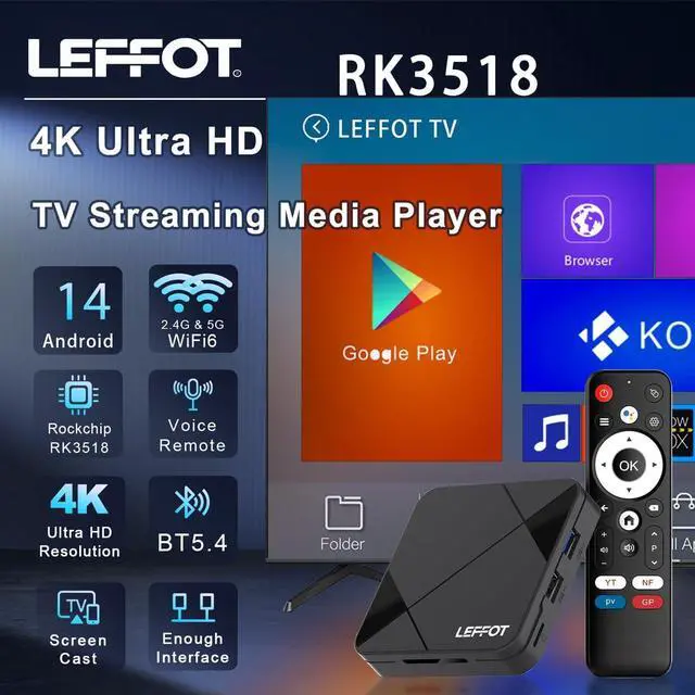 Alt view image 2 of 7 - Android 14.0 TV Box 2026, 2GB RAM + 16GB ROM, LEFFOT 4K Ultra HD Home Streaming Device for TV, Support Voice Remote, WiFi 6, BT 5.4, 100M Ethernet, RK3518 Quad-Core A53 CPU