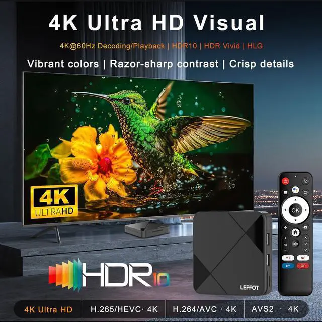 Alt view image 3 of 7 - Android 14.0 TV Box 2026, 2GB RAM + 16GB ROM, LEFFOT 4K Ultra HD Home Streaming Device for TV, Support Voice Remote, WiFi 6, BT 5.4, 100M Ethernet, RK3518 Quad-Core A53 CPU