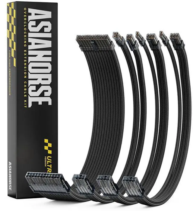 Main image of Overclock & Low Heat 16AWG Silver-Plated Core & Gold-Plated Terminals PSU Cable Extension Kit, 24pin/4+4pin/8pin for High-End Gaming PC - AsiaHorse Ultra Series, 30CM Complete 4PCS Braided Mod Cables