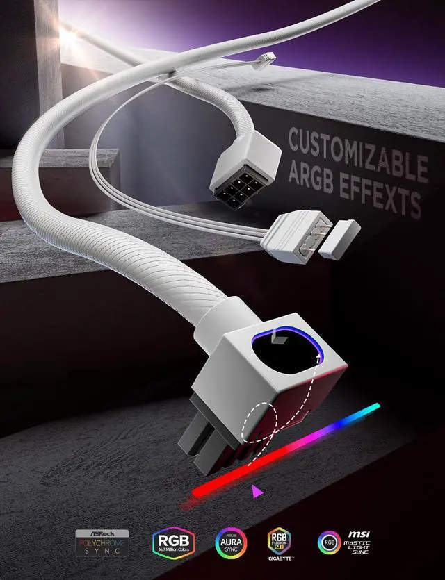 Alt view image 2 of 7 - Hydrus-8PIN CPU PSU Extension Cable ARGB Light, Copper Wire Motherboard Power Extension Cable Integrated Minimalist Design, 2000W Power (Whole Set), PC Power Cord for CPU Cable Management