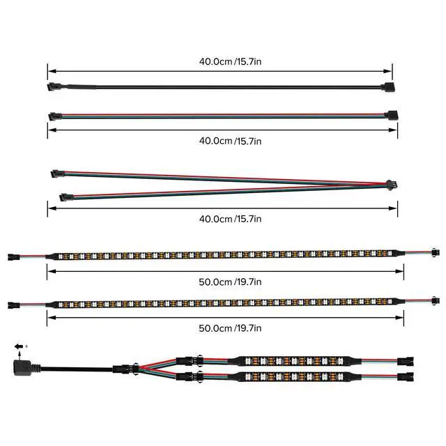 Alt view image 4 of 7 - WS2812B IC PC Light Strip 2PCs 19in Individually Addressable for 5V 3Pin LED Headers for Asus Aura, Gigabyte RGB Fusion, MSI Mystic Light