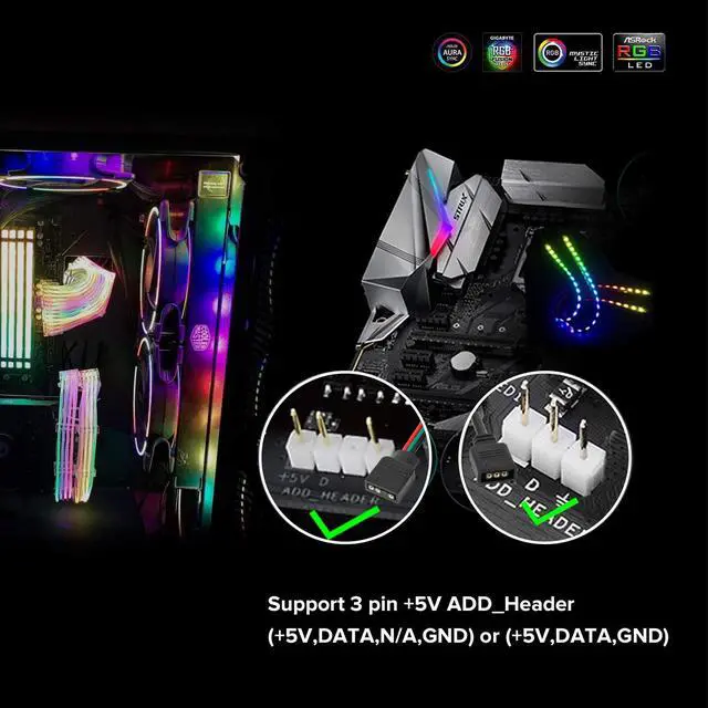 Alt view image 5 of 7 - WS2812B IC PC Light Strip 2PCs 19in Individually Addressable for 5V 3Pin LED Headers for Asus Aura, Gigabyte RGB Fusion, MSI Mystic Light