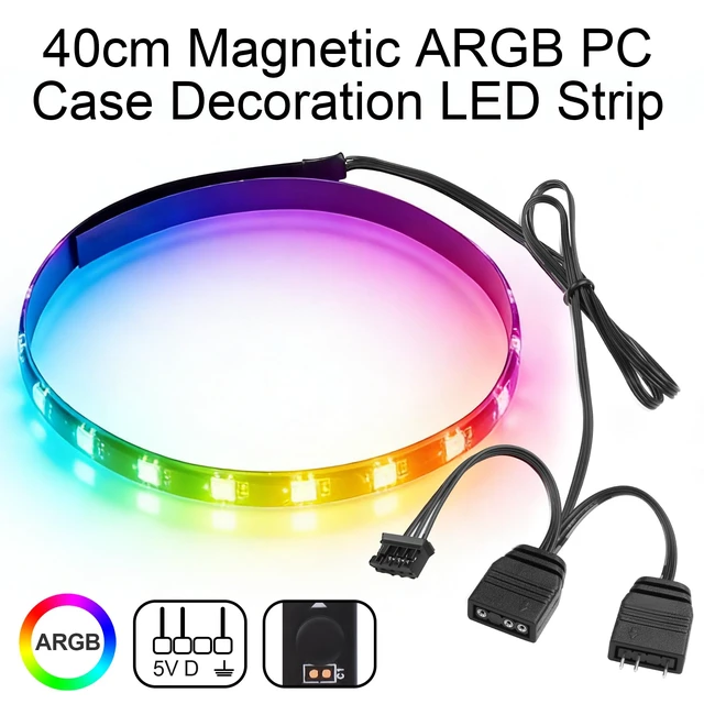Alt view image 2 of 7 - 40cm Magnetic ARGB LED Strip for PC Case, Silicone Encased 24 LEDs, 5V 3-Pin Addressable RGB Light Sync with Motherboard