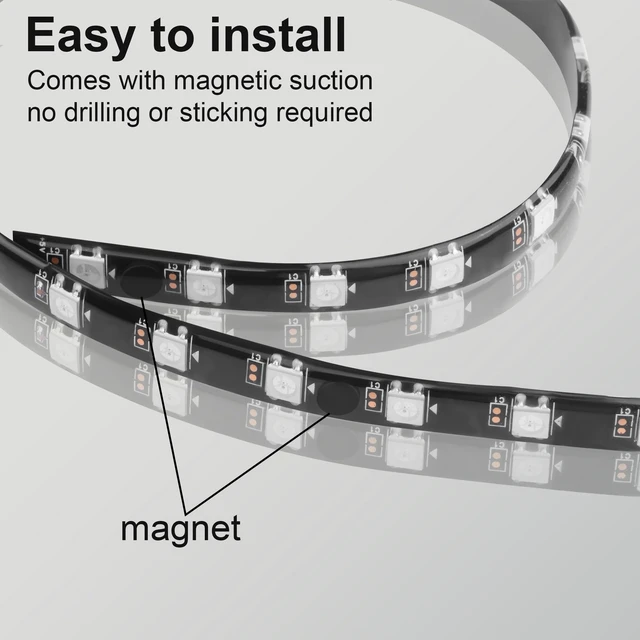 Alt view image 5 of 7 - 40cm Magnetic ARGB LED Strip for PC Case, Silicone Encased 24 LEDs, 5V 3-Pin Addressable RGB Light Sync with Motherboard