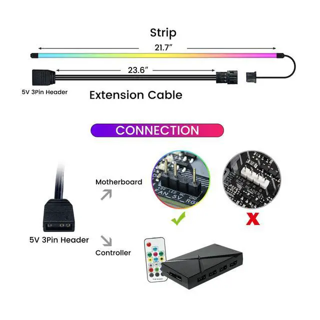 Alt view image 2 of 7 - LED Strip for PC, 21.7-inch 5V 3-Pin ARGB Light Bar, Chassis Lighting for Aura SYNC, Gigabyte RGB Fusion, MSI Mystic Light Sync with 8 Bracket
