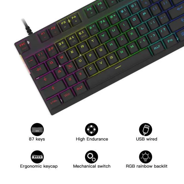 Alt view image 5 of 7 - Professional Gaming Mechanical Keyboard RGB Led Backlit Wired with Anti-Dust Proof Switches for Gaming Keyboard for Mac & PC (Black, 87 Key Red Switches)