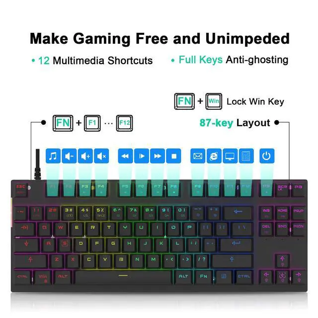 Alt view image 7 of 7 - Professional Gaming Mechanical Keyboard RGB Led Backlit Wired with Anti-Dust Proof Switches for Gaming Keyboard for Mac & PC (Black, 87 Key Red Switches)