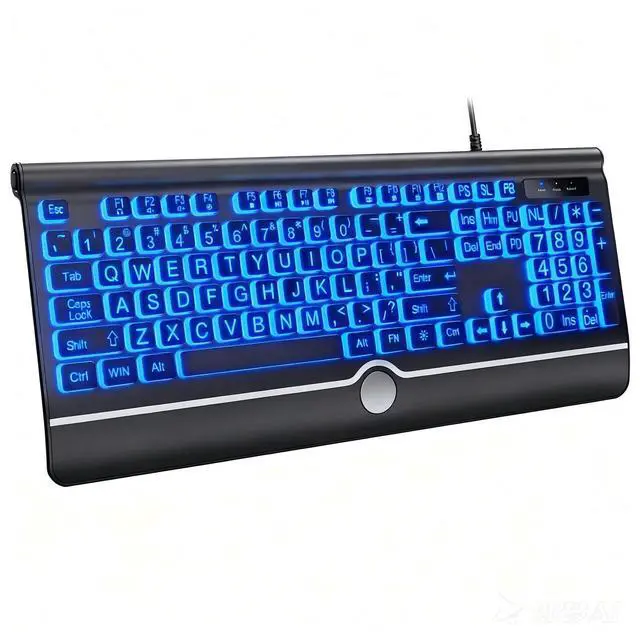 Main image of USB Wired Keyboard with Large Print Backlit Keys, 7 Color LED Backlight, Ergonomic Wrist Rest, Spill-Resistant Design, Full-Size Computer Keyboard with Number Pad for PC Desktop Laptop