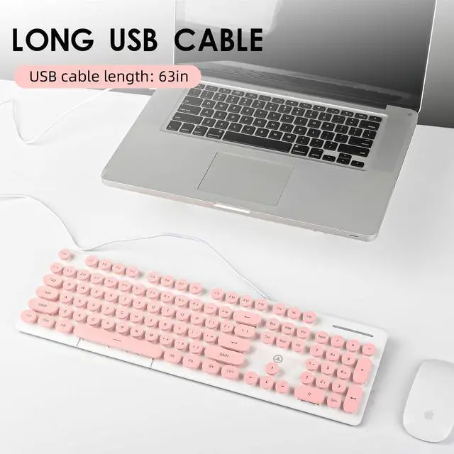 Alt view image 3 of 6 - Wired Quiet Membrane Keyboard,Full Size 104-Keys Retro Punk Typewriter White LED Backlit USB Ultra Slim Gaming Keyboard with ABS Round keycaps for Windows/PC/Laptop (Pink)