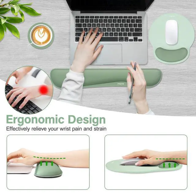 Alt view image 3 of 7 - Wrist Rest Support for Mouse Pad&Keyboard Set, Streamline Ergonomic Mousepad&Coaster Non-Slip Base Home/Office Pain Relief&Easy Typing Pad with Soft Cloth&Silicone Lining, Antique Green
