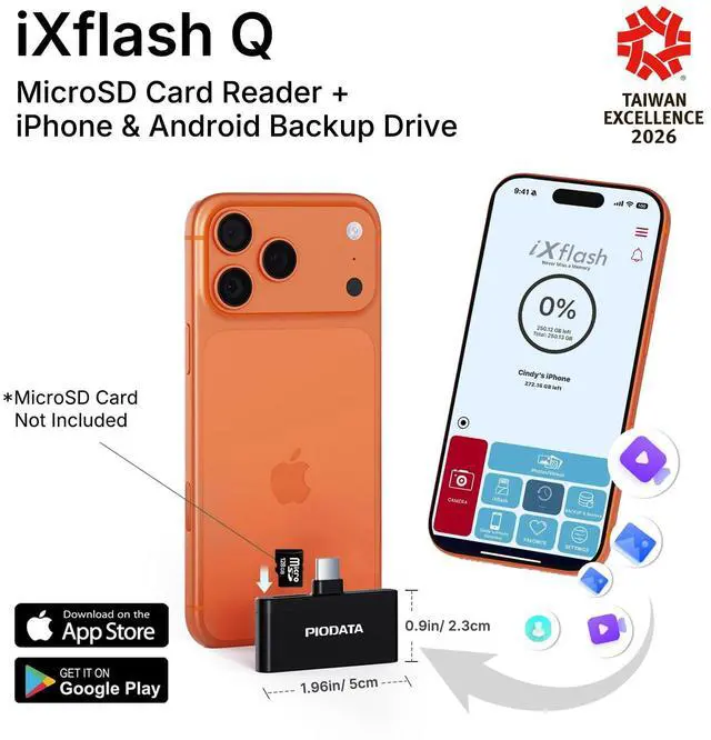 Alt view image 2 of 7 - Micro SD Card Reader for iPhone 17/16/15, iPad, Android, Mac, PC, Laptop, USB C Memory Card Reader Adapter, Auto Photo Backup While Charging, Apple MFi Photo Stick iXflash Q w/Free App Black