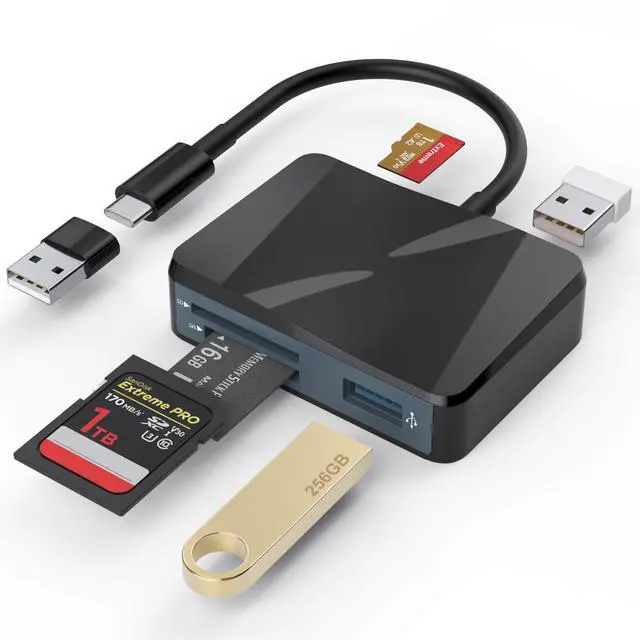 Main image of SD Card Reader, 5 in 1 USB-C & USB Card Adapter with SD/MicroSD/MS and Dual USB-A Ports Memory Card Reader for iPhone 17/16/15 Pro Max iPad MacBook Pro/Air M4/M3 Android Phone/Tablet PC (Black)