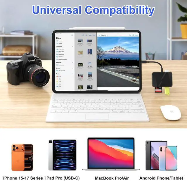 Alt view image 6 of 7 - SD Card Reader, 5 in 1 USB-C & USB Card Adapter with SD/MicroSD/MS and Dual USB-A Ports Memory Card Reader for iPhone 17/16/15 Pro Max iPad MacBook Pro/Air M4/M3 Android Phone/Tablet PC (Black)