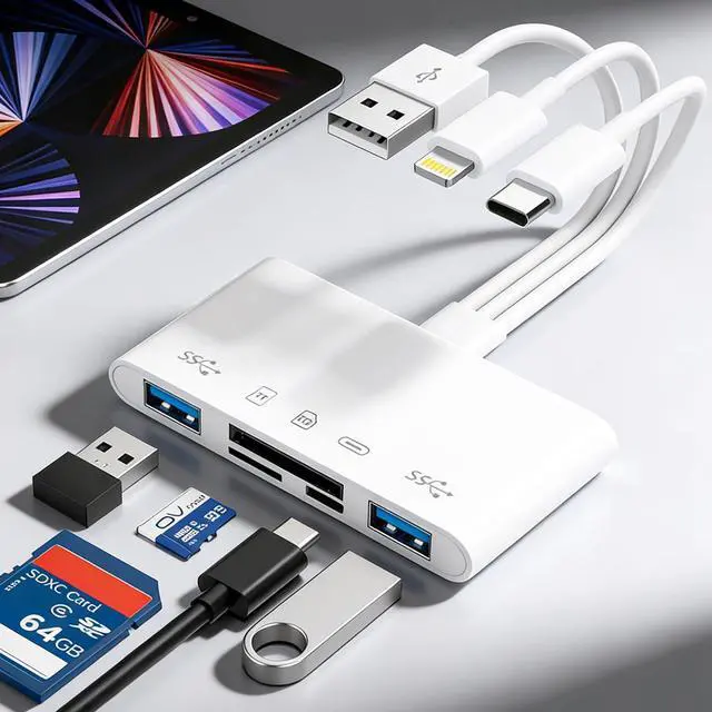 Main image of 3 in 1 SD Card Reader for iPhone 17 16 15 14 13, USB-C and Lightning to SD/TF Card Adapter with Charging Port, Dual Connector Memory Card Viewer for iPad, Android, Camera, Trail Cam, Plug and Play