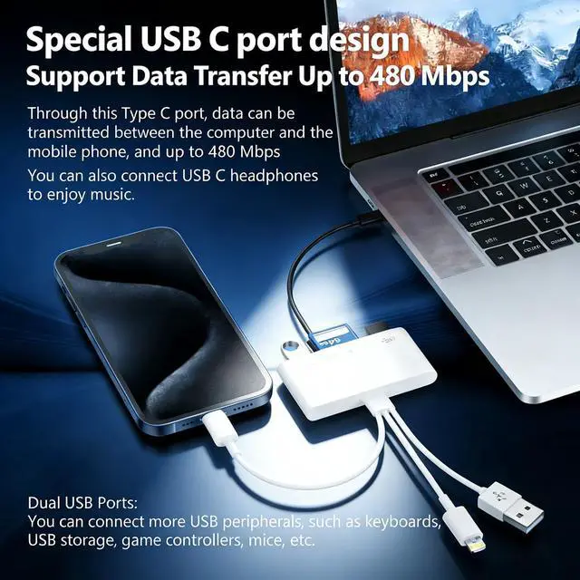 Alt view image 6 of 7 - 3 in 1 SD Card Reader for iPhone 17 16 15 14 13, USB-C and Lightning to SD/TF Card Adapter with Charging Port, Dual Connector Memory Card Viewer for iPad, Android, Camera, Trail Cam, Plug and Play