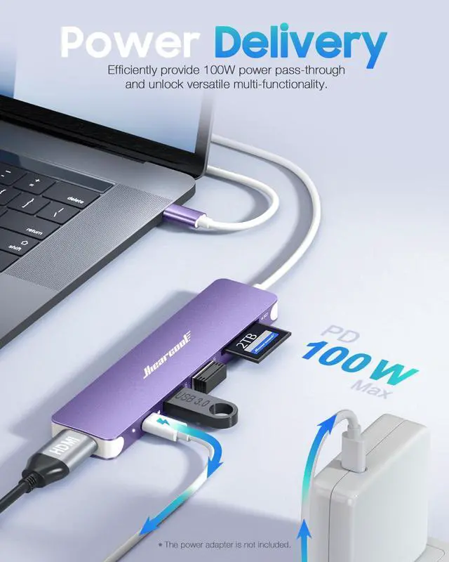 Alt view image 3 of 6 - USB C Hub, 7-in-1 Multi-Port Adapter, USB-C to 4K HDMI Splitter Type C Dock Dongle with 100W Power Delivery SD/TF Card Reader Compatible for MacBook Pro/Air and More Type USBC Devices