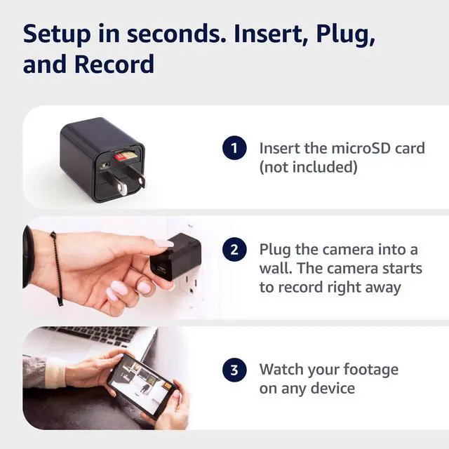 Alt view image 4 of 5 - Hidden Spy Camera 1080p Plug-in Mini Cam, No Wi-Fi, MicroSD Recording, Motion Detect, Loop Storage, Wide-Angle Lens Discreet Indoor Nanny Cam for Home & Office