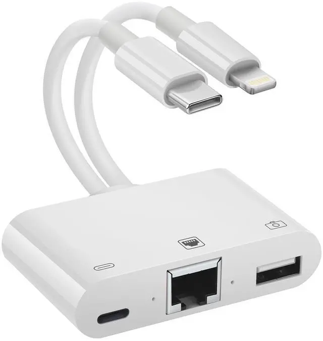 Main image of 2 in 1 Lightning and Type C to RJ45 Ethernet Adapter Network Adapter, with Charge Port and USB Port Support USB Flash Drive/Keyboard/Mouse/Came, Plug and Play,Supports 100Mbps Ethernet Network