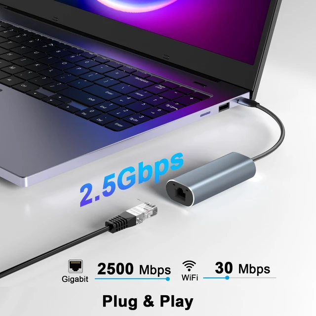Alt view image 2 of 7 - USB C to Ethernet Adapter 2.5 Gigabit, Ethernet to USB C Adapter, 2.5Gbps Network Connector for Dell/HP/Mac Laptop, USB Network Connector, Type-C to RJ45 LAN, RJ45 Cable Converter