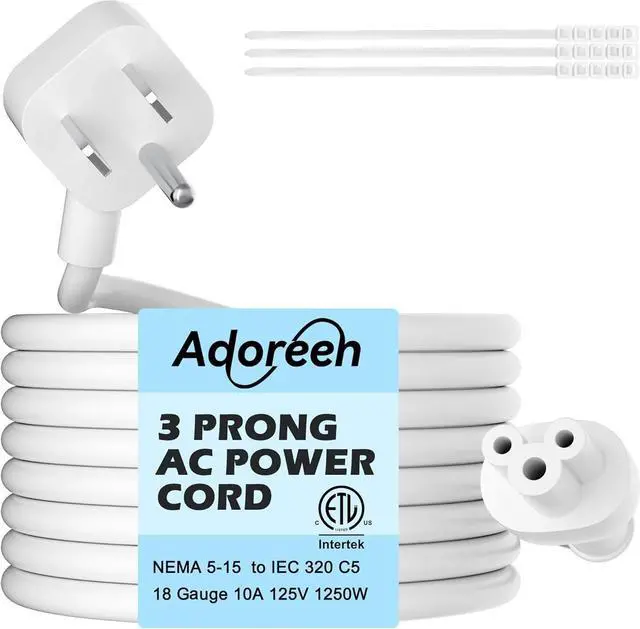 Main image of 45 Degree Angled Flat Plug Mickey Mouse Replacement Laptop Power Cord 6 Ft, Seamless 5-15P to IEC 320 C5 3-Prong Universal AC Cable for PC Notebook Printer Dell HP TV, 18AWG, ETL+Ties-White
