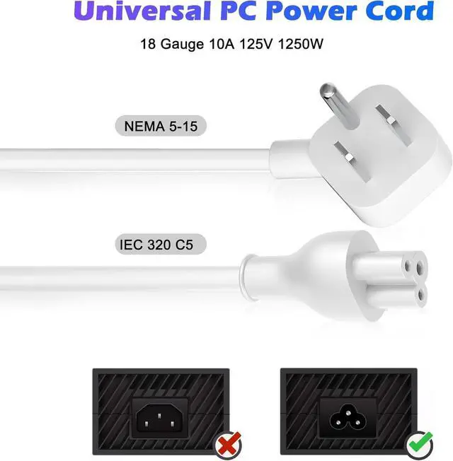 Alt view image 4 of 7 - 45 Degree Angled Flat Plug Mickey Mouse Replacement Laptop Power Cord 6 Ft, Seamless 5-15P to IEC 320 C5 3-Prong Universal AC Cable for PC Notebook Printer Dell HP TV, 18AWG, ETL+Ties-White