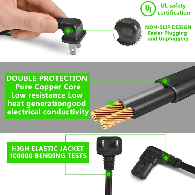 Alt view image 2 of 7 - 2 Pack Television Power Cord 90 Degree 2-Prong 6ft Figure 8 C8 for TV Printer Samsung Wall-Mouted Cable de alimentación