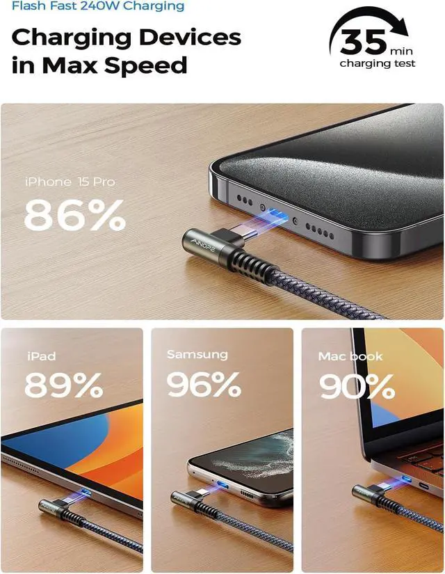 Alt view image 4 of 7 - 240W USB C to USB C Cable Fast Charging 15FT,Right Angle Fast Type C Charging Cable Fits iPhone 16 Pro Max Plus,iPhone 15,MacBook Air/Pro,iPad Pro,Samsung,Pixel,All Devices, Grey, 1 Pack
