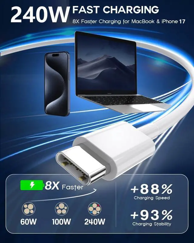 Alt view image 2 of 7 - 240W USB C to C Charger Cable 10ft, Long Type C iPhone Fast Charging Cord Wire for MacBook Pro/MacBook Air/M5/M4/M3/M2/iPad Pro/Air/Apple iPhone 17 Pro 16 15 Pro Max/Samsung Galaxy/Plus/Laptop/Tablet
