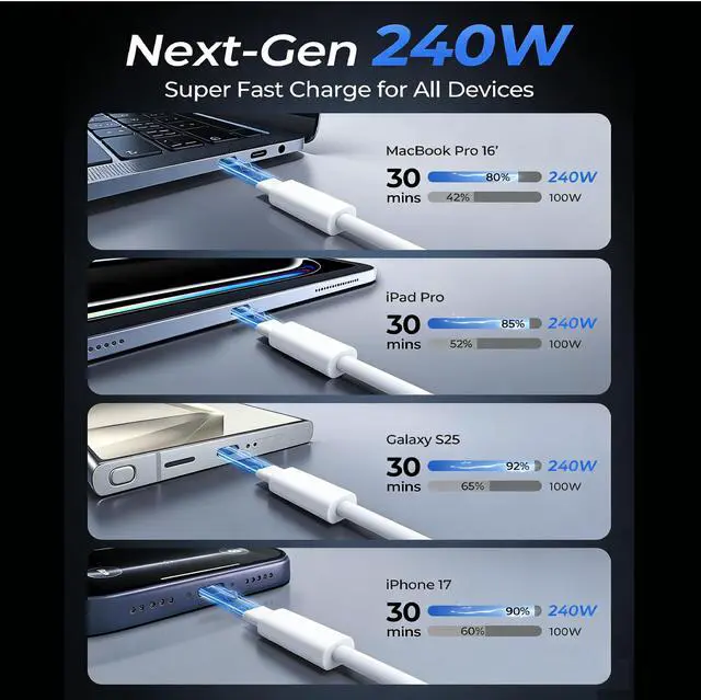 Alt view image 6 of 7 - 240W USB C to C Charger Cable 10ft, Long Type C iPhone Fast Charging Cord Wire for MacBook Pro/MacBook Air/M5/M4/M3/M2/iPad Pro/Air/Apple iPhone 17 Pro 16 15 Pro Max/Samsung Galaxy/Plus/Laptop/Tablet
