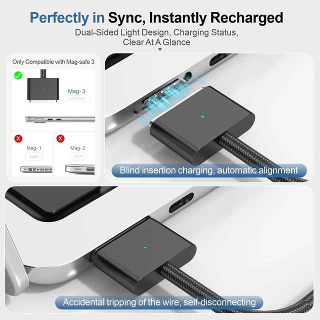Alt view image 4 of 6 - 140W USB-C to Magnetic 3 Cable 6.6ft, for MacBook Pro/Air M2-M5, Black | Fast charging cord, compatible MagSafe 3, for 14/16 inch Pro & 13/15 inch Air (2021-2026), braided nylon