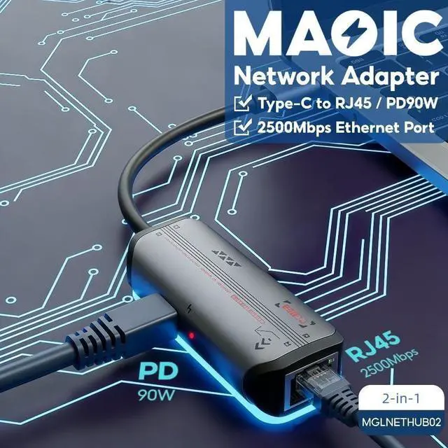Alt view image 2 of 7 - 2-in-1 USB-C Ethernet Adapter, 2.5G/1G/100Mbps RJ45 LAN Converter with PD 87W Fast Charging, Plug-and-Play for Laptops (Windows/macOS/Linux)