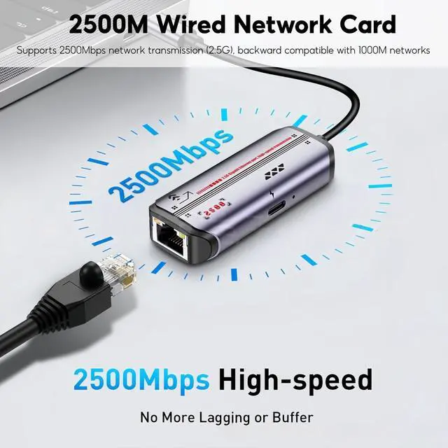 Alt view image 3 of 7 - 2-in-1 USB-C Ethernet Adapter, 2.5G/1G/100Mbps RJ45 LAN Converter with PD 87W Fast Charging, Plug-and-Play for Laptops (Windows/macOS/Linux)