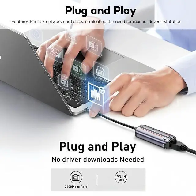 Alt view image 4 of 7 - 2-in-1 USB-C Ethernet Adapter, 2.5G/1G/100Mbps RJ45 LAN Converter with PD 87W Fast Charging, Plug-and-Play for Laptops (Windows/macOS/Linux)