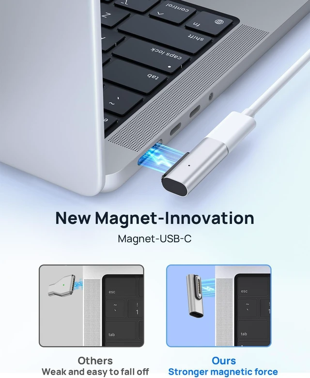 Alt view image 6 of 7 - 140W PD Quick Charge USB C to Magnetic 3 Adapter, Type-C to Mags 3 Converter with LED Indicator Light for MacBook Pro 2024/2023/2021 (M1/M2/M3, 14/16"), MacBook Air (M2/M3), Silver
