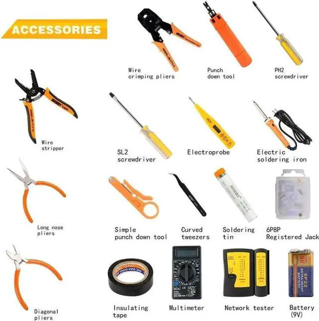 Alt view image 3 of 3 - Aomoproing 17-in-1 Professional Network Cable Tool Kit, RJ45/RJ11 Crimping/Stripping Pliers with LAN Cat5e/Cat6 Tester, Soldering Iron for Ethernet Maintenance
