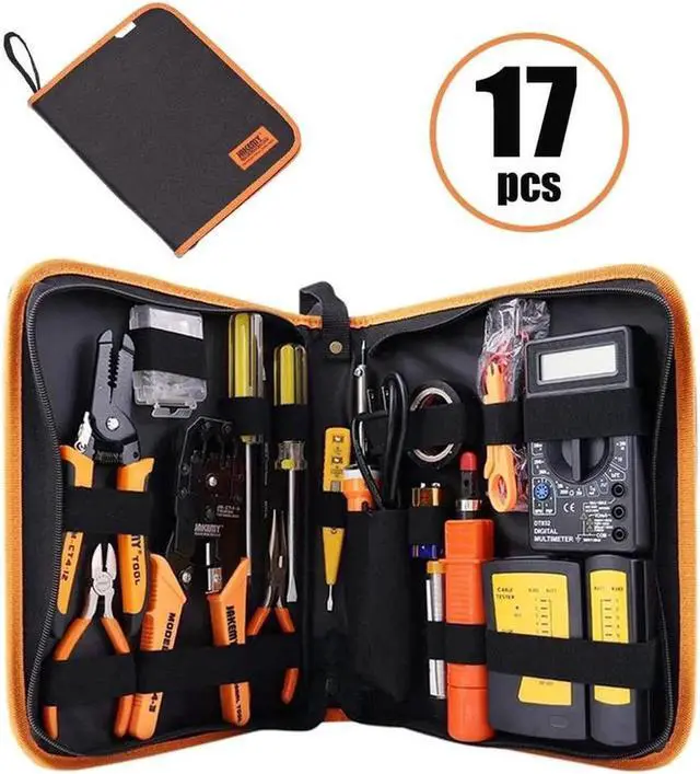 Main image of Aomoproing 17-in-1 Professional Network Cable Tool Kit, RJ45/RJ11 Crimping/Stripping Pliers with LAN Cat5e/Cat6 Tester, Soldering Iron for Ethernet Maintenance