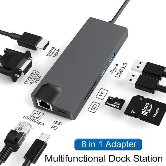 Main image of Aomoproing 8-in-1 Type-C Docking Station, HDMI/VGA Converter Hub, Computer Network Card Expansion Dock, Multi-Port Extender for Laptops, Tablets