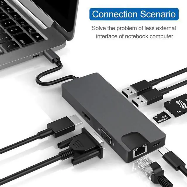 Alt view image 2 of 4 - Aomoproing 8-in-1 Type-C Docking Station, HDMI/VGA Converter Hub, Computer Network Card Expansion Dock, Multi-Port Extender for Laptops, Tablets