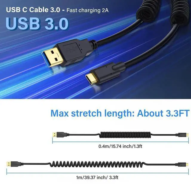 Alt view image 3 of 5 - Aomoproing USB3.0 to USB-C Coiled Cable, 5Gbps Retractable 90 Degree Charging & Data Transfer Cable (M to L) for Phone, Tablet