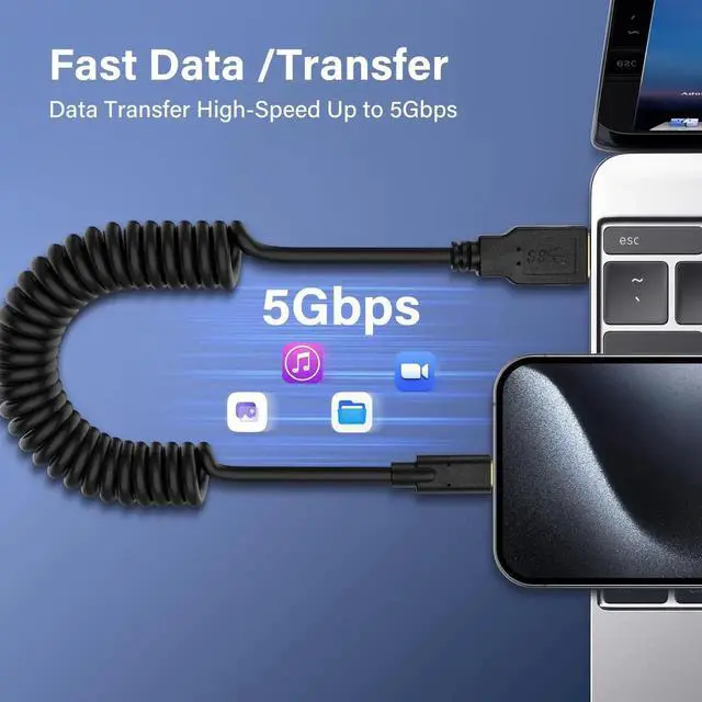Alt view image 2 of 5 - Aomoproing USB3.0 to USB-C Coiled Cable, 5Gbps Retractable 90 Degree Charging & Data Transfer Cable (M to L) for Phone, Tablet
