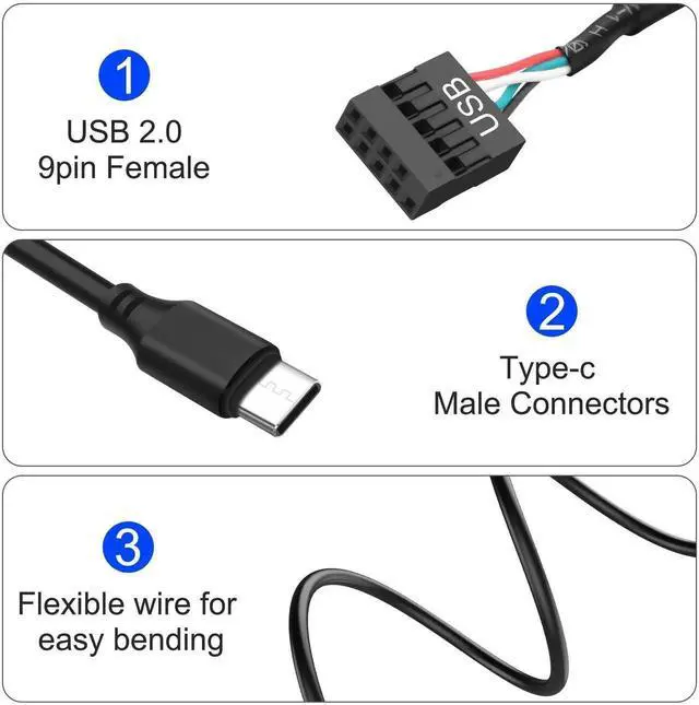 Alt view image 3 of 5 - Aomoproing Motherboard USB 9 Pin Header to USB C Adapter Cable, 26AWG USB TypeC Male to Dupont 4 Pin Female Mainboard Data Cord for Chassis Motherboard Graphics Card, 50CM/1.6FT, 2 Pack