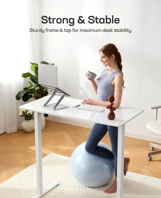 Alt view image 3 of 7 - Marsail Glass Standing Desk with Drawer, 55 x 28 Inches Adjustable Desk, Home Office Desks with One-Piece Tempered Glass Top, Ergonomic Home Office Sit Stand Desk with 4 Preset Heights, White