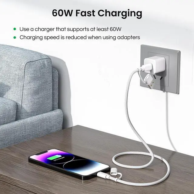 Alt view image 11 of 14 - for iPhone 17 16 Pro 4 in 1 USB C Charger Cable,Universal 60W Multi Charging Cord 6.6FT with USB C/Lightning Adapter for Apple 17e,AirPods 4/4th Generation for S26 S25 S24 S23,iPad Air