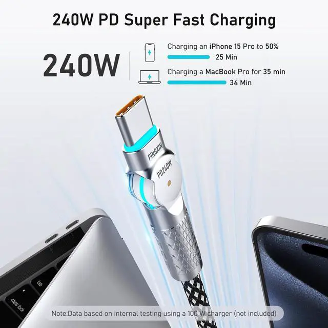 Alt view image 9 of 14 - USB C to USB C Cable 10FT 240W, 180°Rotating USB C Cable Braided Type C Charger Cable Fast Charge for iPhone 16/16Pro/16Plus/16ProMax,MacBook Air,iPad Pro,Pixel,Samsung Galaxy S23/S24 Ultra-Black