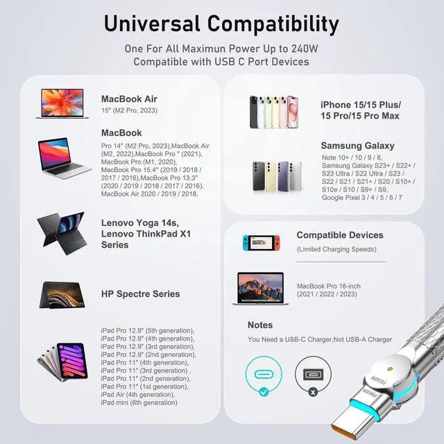 Alt view image 14 of 14 - USB C to USB C Cable 10FT 240W, 180°Rotating USB C Cable Braided Type C Charger Cable Fast Charge for iPhone 16/16Pro/16Plus/16ProMax,MacBook Air,iPad Pro,Pixel,Samsung Galaxy S23/S24 Ultra-Black