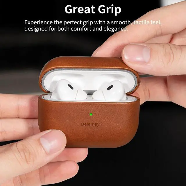 Alt view image 3 of 5 - Belemay Handcrafted Full-Grain Vegetable-Tanned Leather Case for AirPods Pro 3rd Gen (2025), Two-Tone Effect, Natural Patina, Compatible with MagSafe, Compatible with Airpods Pro 3