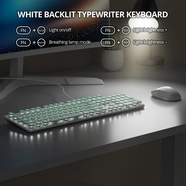 Alt view image 3 of 5 - Vumilstek Wired Retro Typewriter Keyboard, Quiet Computer Keyboard Light up with Full Size 104 Round Keys White LED Backlit Slim Silent for Windows PC Laptop(Green)